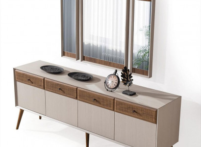 Novelty in the dining room modern set consists of a sideboard and 3 mirrors.